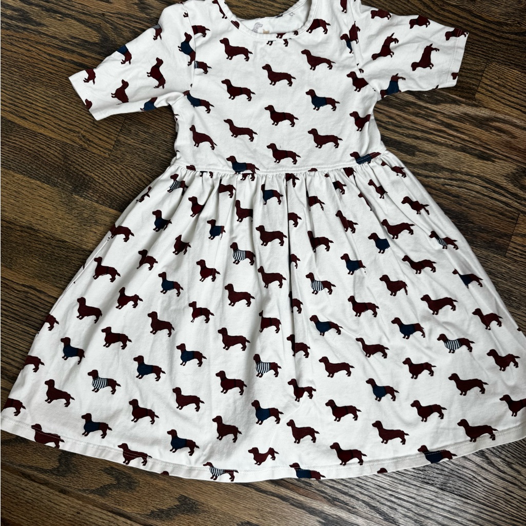 Pink Chicken Kids Dress With Dauchsund Pattern In Brown And Blue